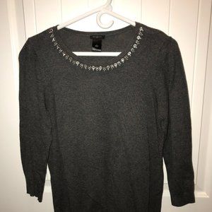 Ann Taylor Jeweled Neck Quarter Sleeve Sweater